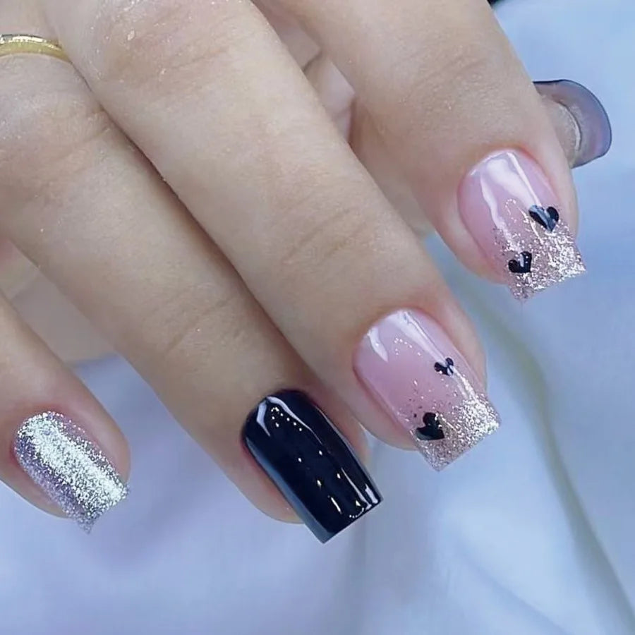 24Pc Square French Fake Nails with Heart Love Designs Glossy White Pink Press on Nails Full Cover False Nail for Valentine's Day