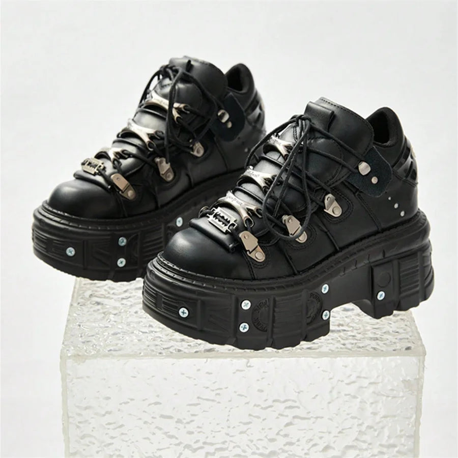 Punk Style Women Black Shoes Rock Metal Decor Lace-up Heel Height Platform Shoes Gothic Man Sneakers Women Ankle Boots 2025