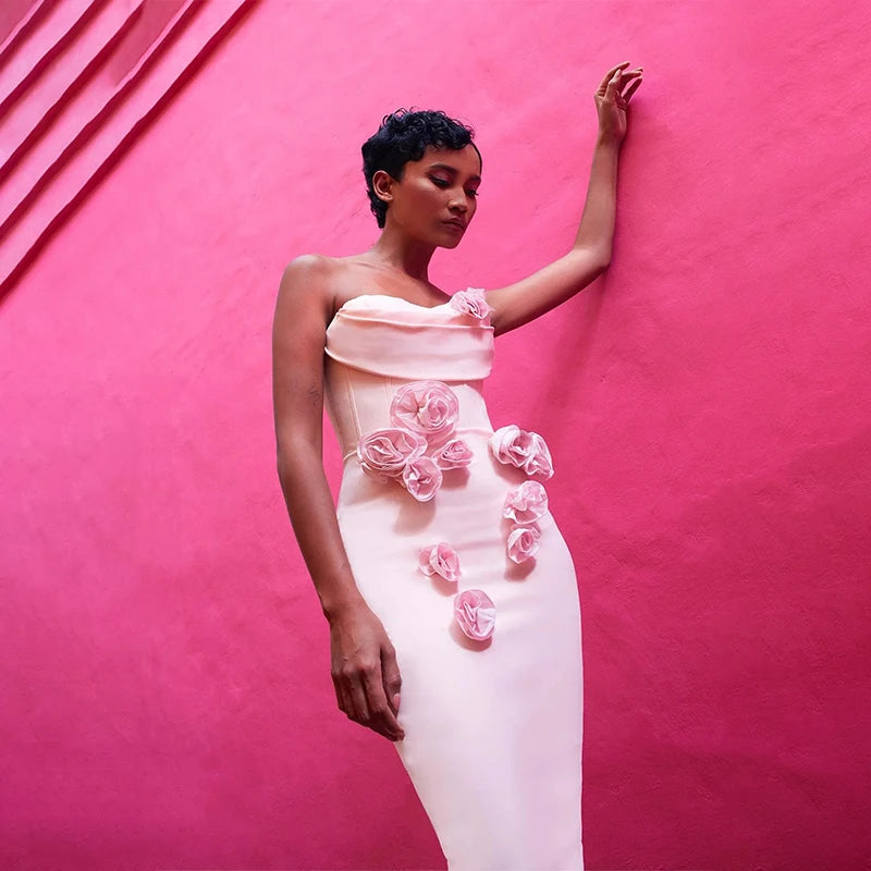 Robe longue moulante à imprimé floral, sans bretelles, épaules dénudées, couleur rose et rouge, idéale pour une soirée ou une soirée