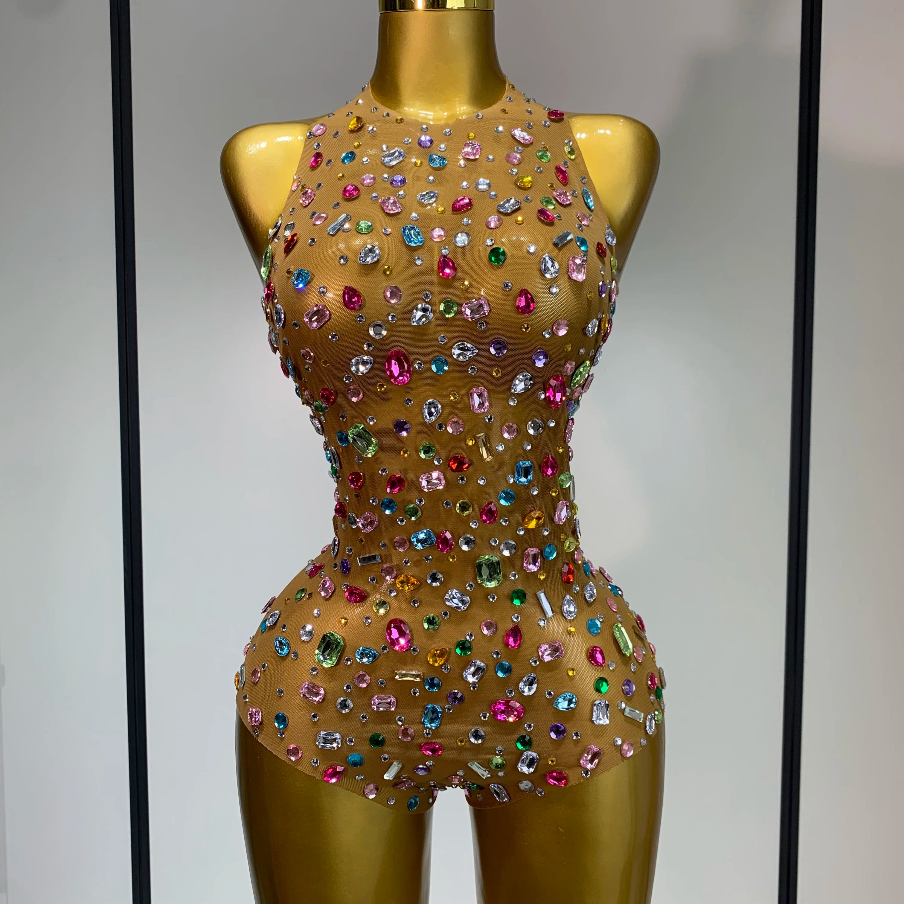 Sparkly Rhinestones Mesh See Through Bodysuit Women Sexy Backless Performance Dance Costume Celebrity Nightclub Stage Outfit