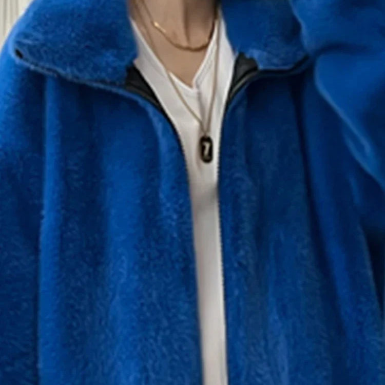 Winter Long Oversized Blue White Black Fluffy Thick Warm Faux Fur Coat Women Zip Up Runway Designer Korean Fashion 2022