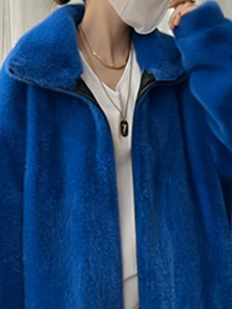 Winter Long Oversized Blue White Black Fluffy Thick Warm Faux Fur Coat Women Zip Up Runway Designer Korean Fashion 2022