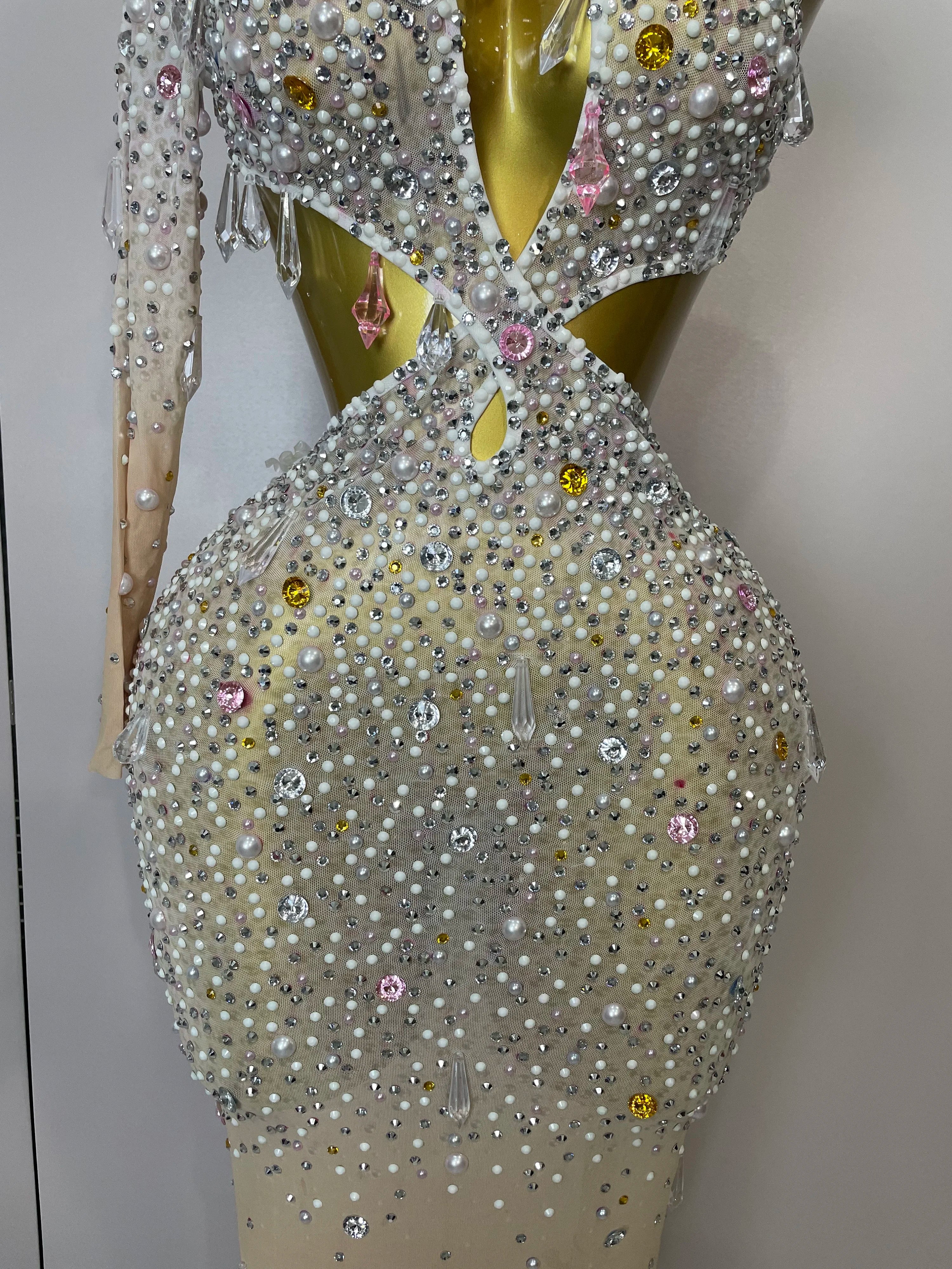 Stock 2025 Women Sexy One Shoulder Hollow Out Big Crystal Bodycon Long Dress Celebrate Nightclub Party Bar Singer Birthday Dress