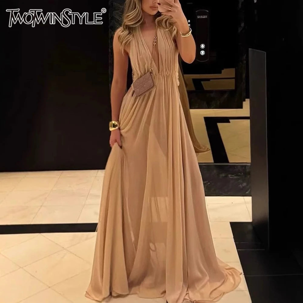 TWOTWINSTYLE Solid Sheer Sexy Dresses for Women V Neck Sleeveless Nackless Patchwork Folds Temperament Dress Female Clothing New