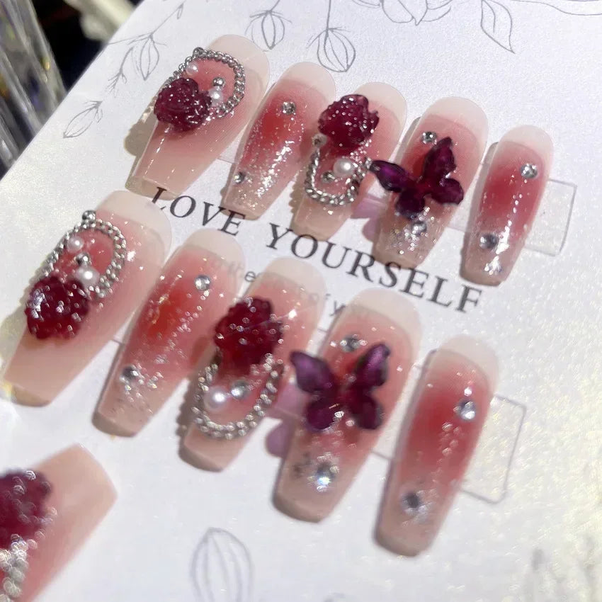24 peças de unhas postiças de rosas vermelhas, flores longas, balé, design de unhas postiças francesas, cobertura total, pontas de unhas postiças vestíveis, arte