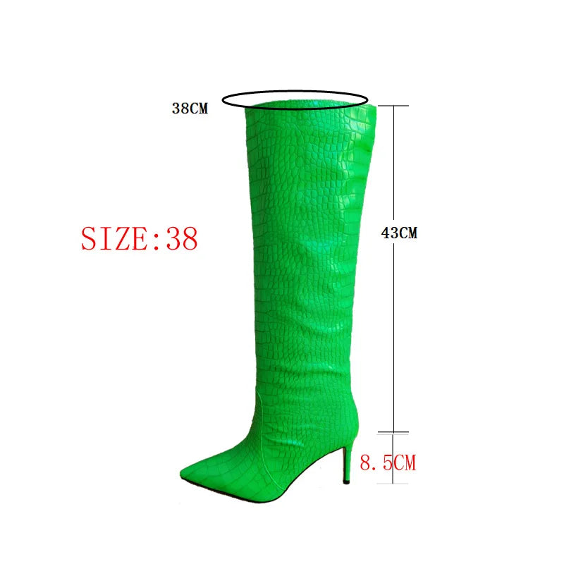 Size 43 Women Sexy Pattern Knee High Boots 2022 Autumn High-heel Pointed Toe Women's Shoes Black