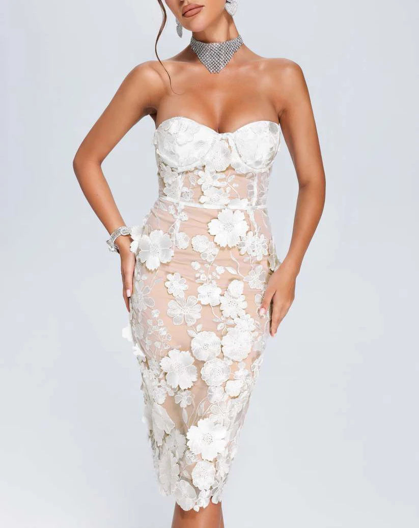 Red Color Women Strapless Embroidery Flowers Bodycon Midi Bandage Dress Fashion Celebrate Birthday Evening Party Dress