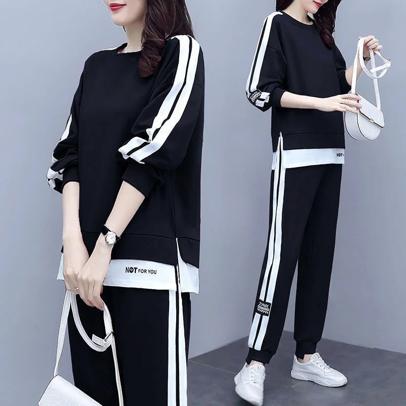 Women's Large Sweat Suit 2025 Spring Autumn New Plus Size Clothing Elegant Fashion Tops T-shirt Pants 2 Two Piece Sets For Women