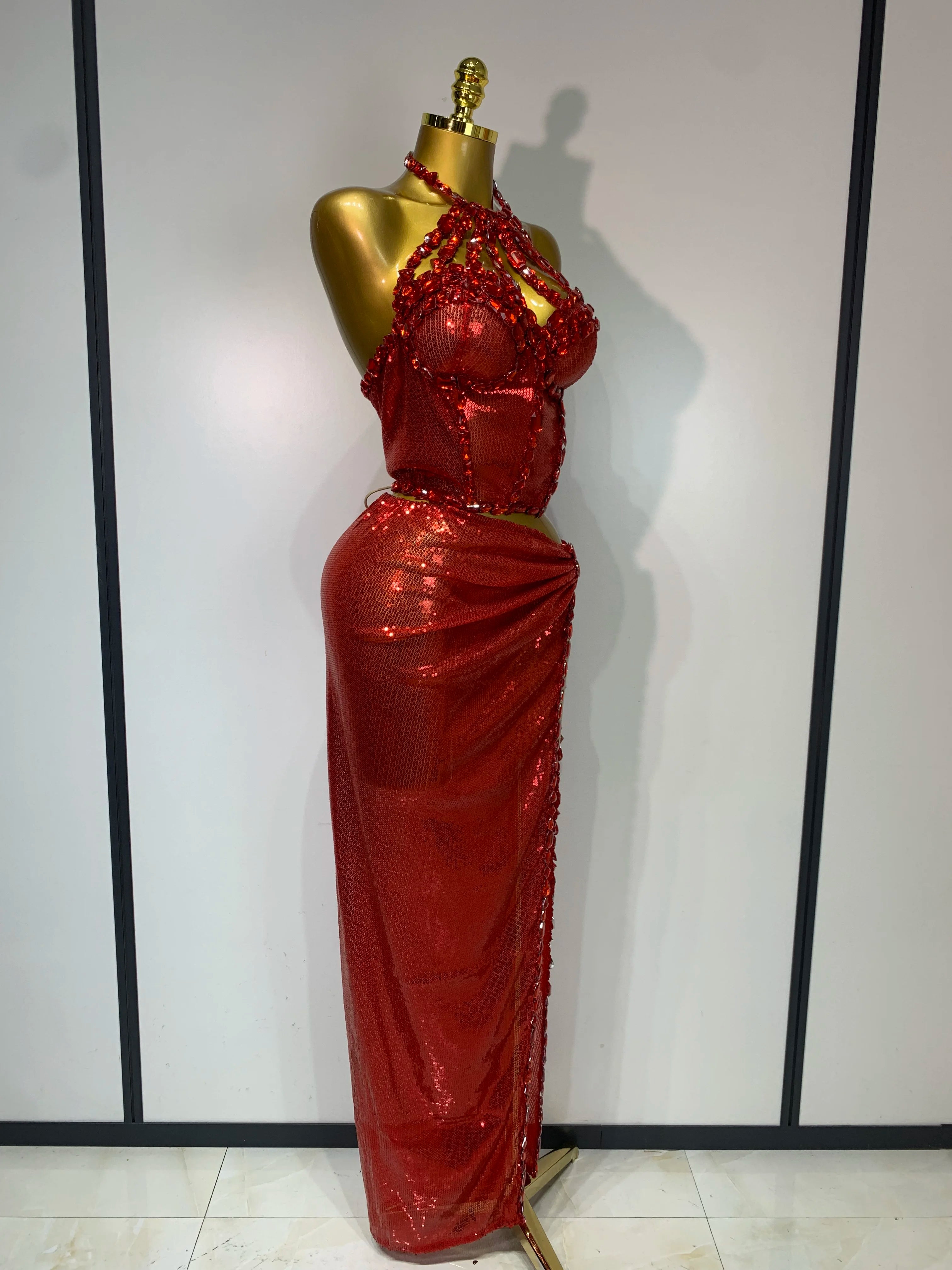 Sexy Backless Shiny Diamond Two Piece Set 2025 Women Elegant Evening Party Luxury Birthday Nightclub Singer Stage costume