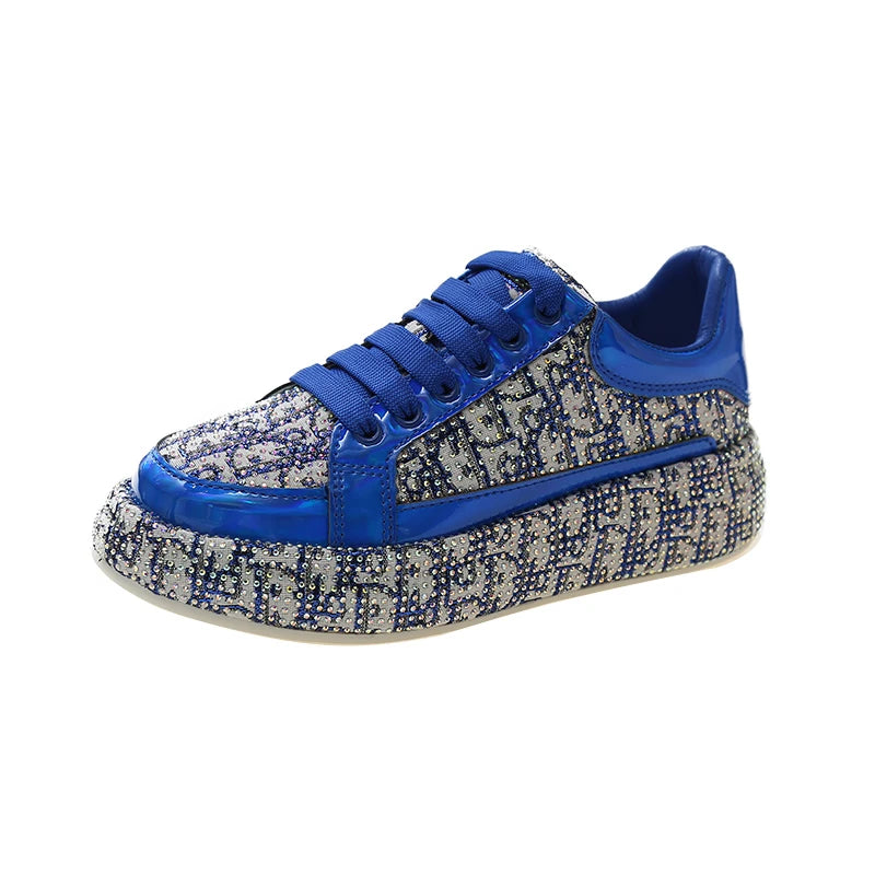Fashion Sneakers Casual Flat Shoes Luxury Rhinestone Decorated Leather Upper Heightening Platform Womens Shoes Blue