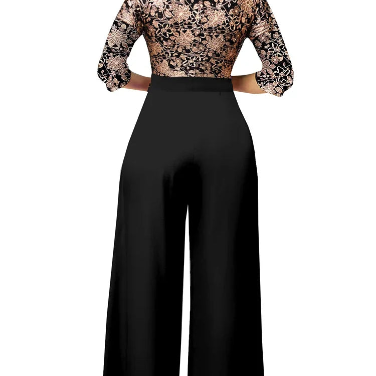 Sets Outifits 2023 Gilded Floral V-neck Loose Fitting Jumpsuit of One Fashion Casual Pieces for Women Elegant Female