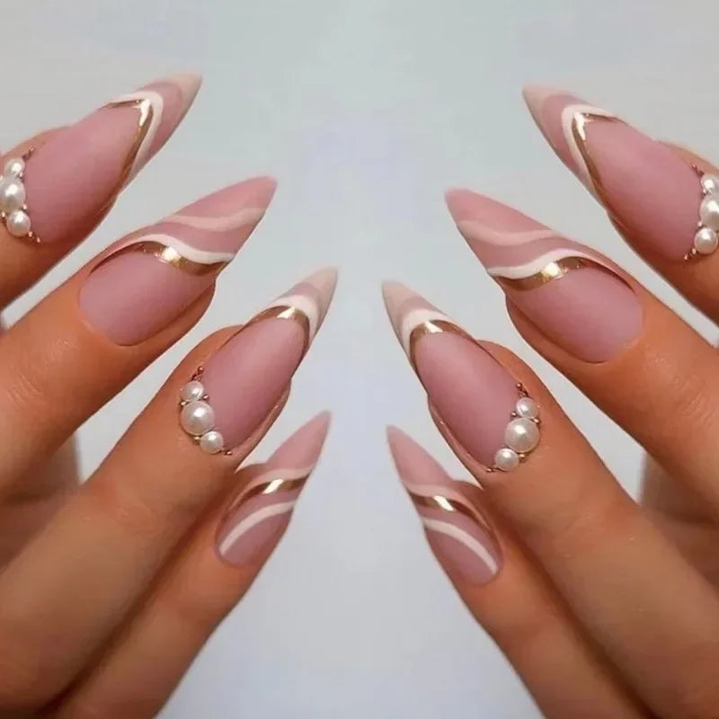 24Pcs Short Round Head False Nails Glitter Pink Almond Fake Nails Strawberry Full Cover Press on Nails Wearable Nail Tips