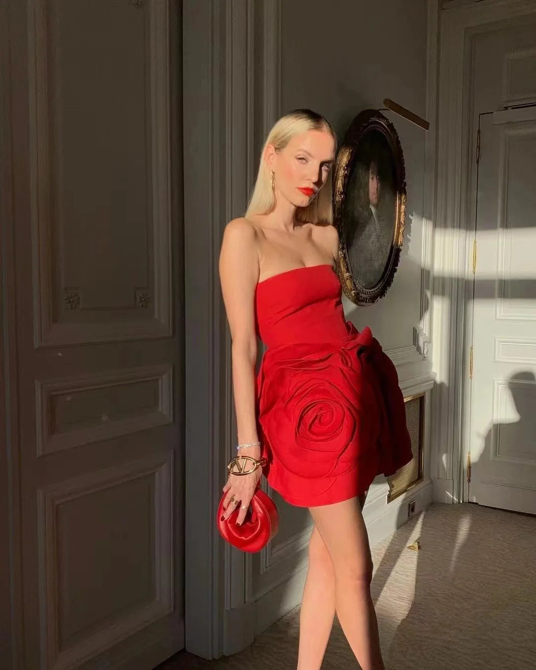 2024 New Spring Women Sexy Strapless Big Flowers Bodycon Mini Dress Cute Celebrity Birthday Party Girls' Homecoming Dress