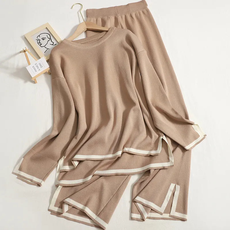 Autumn Winter O-neck Long Sleeve Side Slit Pullover Sweater+high Waist Wide Leg Pants Two Piece Set Women Casual Tracksuit khaki