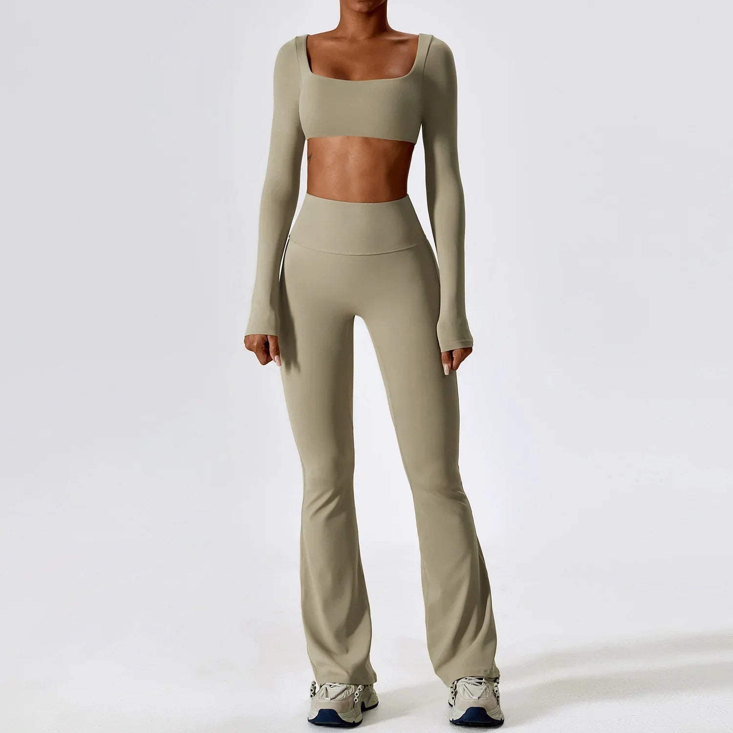Yoga Set 2PCS Seamless Women Sportswear Workout Clothes Athletic Wear Gym Legging Fitness Bra Crop Top Long Sleeve Sports Suits Camel Brown Set-3 CHINA
