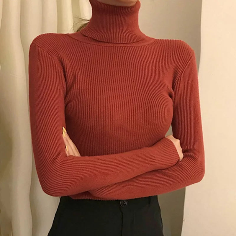 Winter Turtleneck Women's Sweater Knitted Pullover Soft Slim Long Sleeve Top Solid Color Basic High Neck Jumper Woman Clothing Brick red-High neck One Size(40-65kg)