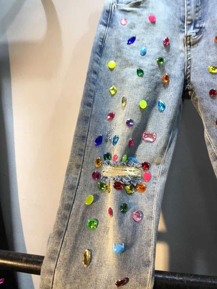 Women's Jeans Diamond Studded Beads Broken Hole Tassel High Waist Loose Denim Long Pants Autumn Fashion