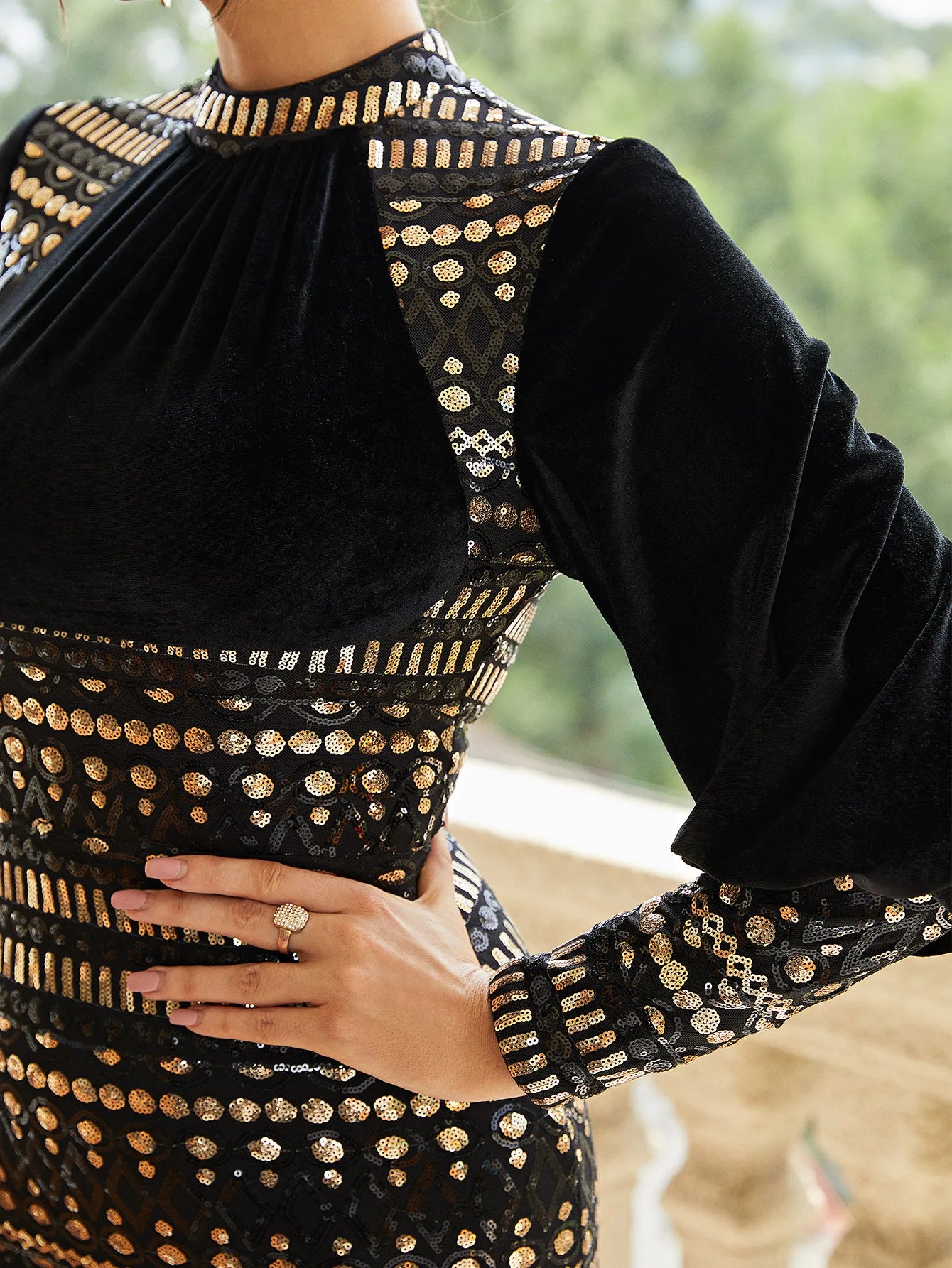 Missord Vintage Black Velvet Bishop Sleeve Sequins Bodycon Ankle Length Dress Cocktail Party Prom Women's Evening Dresses