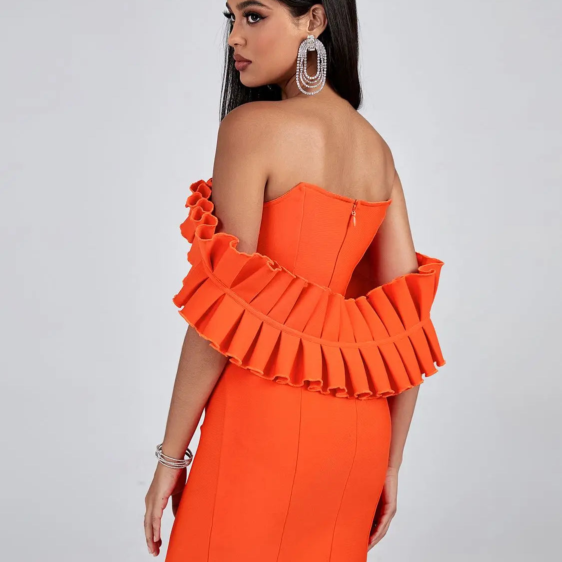 Orange Bandage Dress Women Mini Party Dress Bodycon Ruffle Elegant Sexy Off Shoulder Birthday Evening Club Outfits Summer