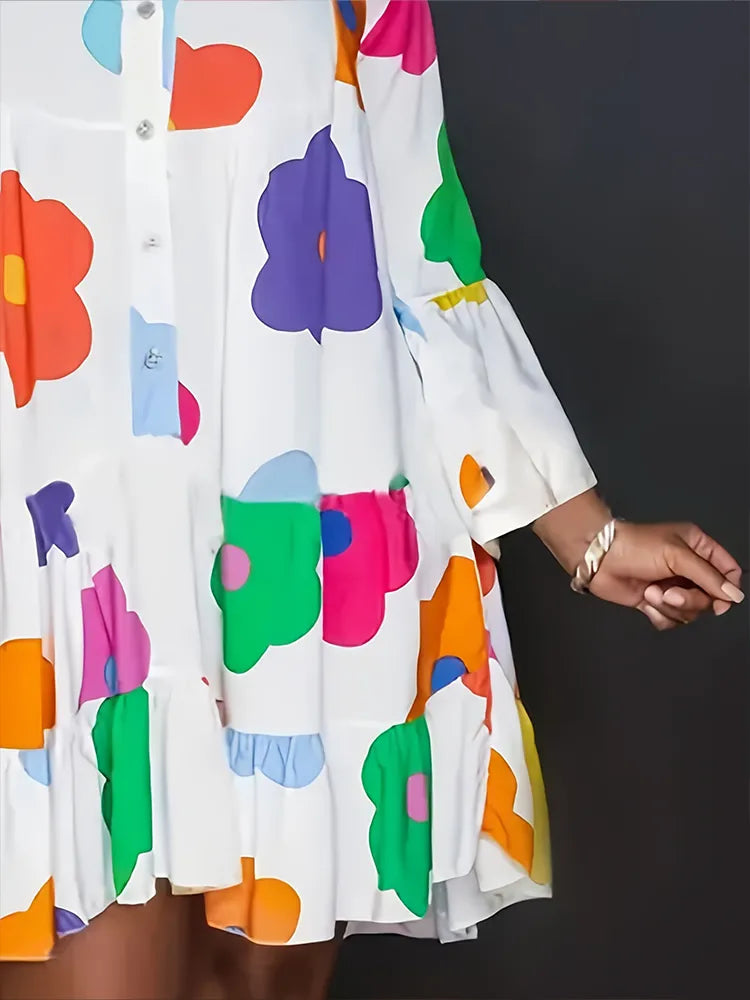 Plus Size Autumn New Floral Printed Women's Dresses,Casual Loose Button Fashion Streetwear Polyester V-Neck Pleated Dresses