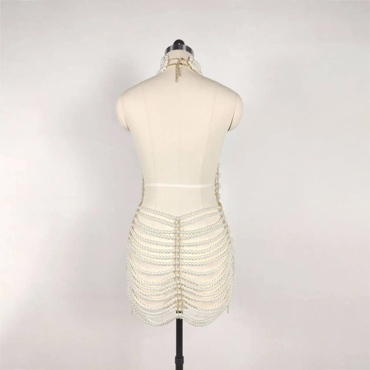 New Arrival Sexy Backless Pearl Beading Hollow Out Halter Mini Evening Dress Trendiness Party Dress Stage Performance Costume