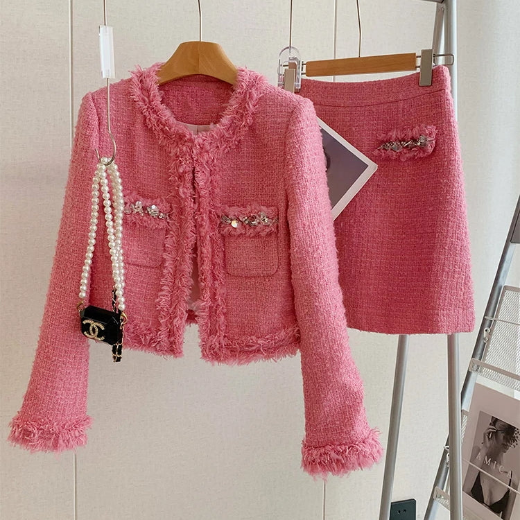 Luxury Style Fashion Diamonds Women's Tweed Woolen Jacket And Skirt Suit Elegant Autumn Winter Office Dress Set 2 Piece Outfits Pink