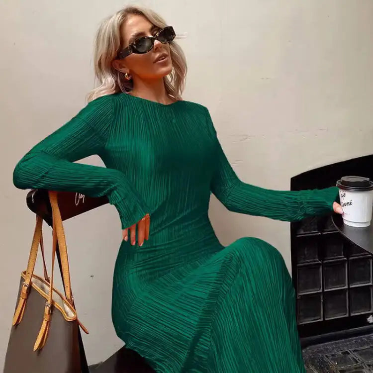 Hawthaw Women Fashion Long Sleeve Streetwear Bodycon Orange Midi Dress 2022 Autumn Clothes Wholesale Items For Business Dark Green