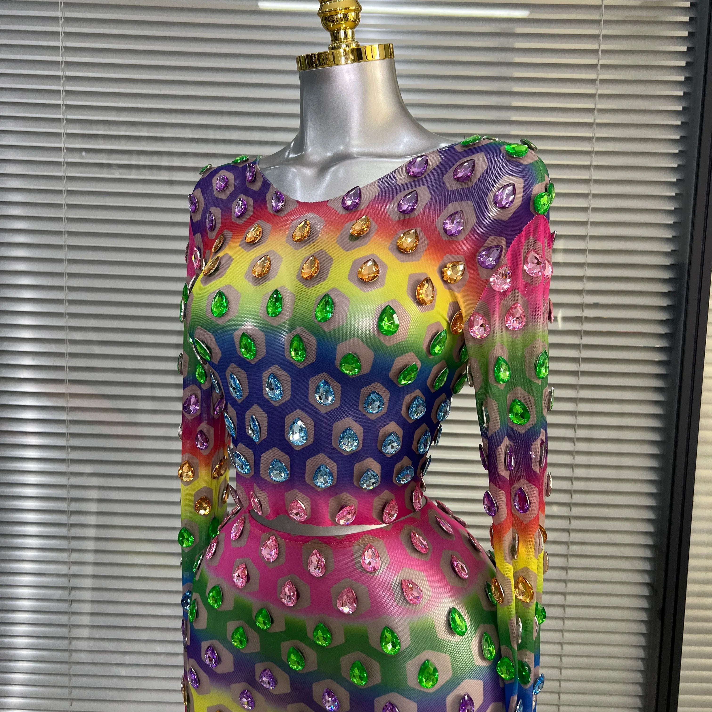 Women Sexy Two Pieces Set Crystal Diamond Night Club See Through Stretched Pants Suits Singer Dancer Stage Performance Costume