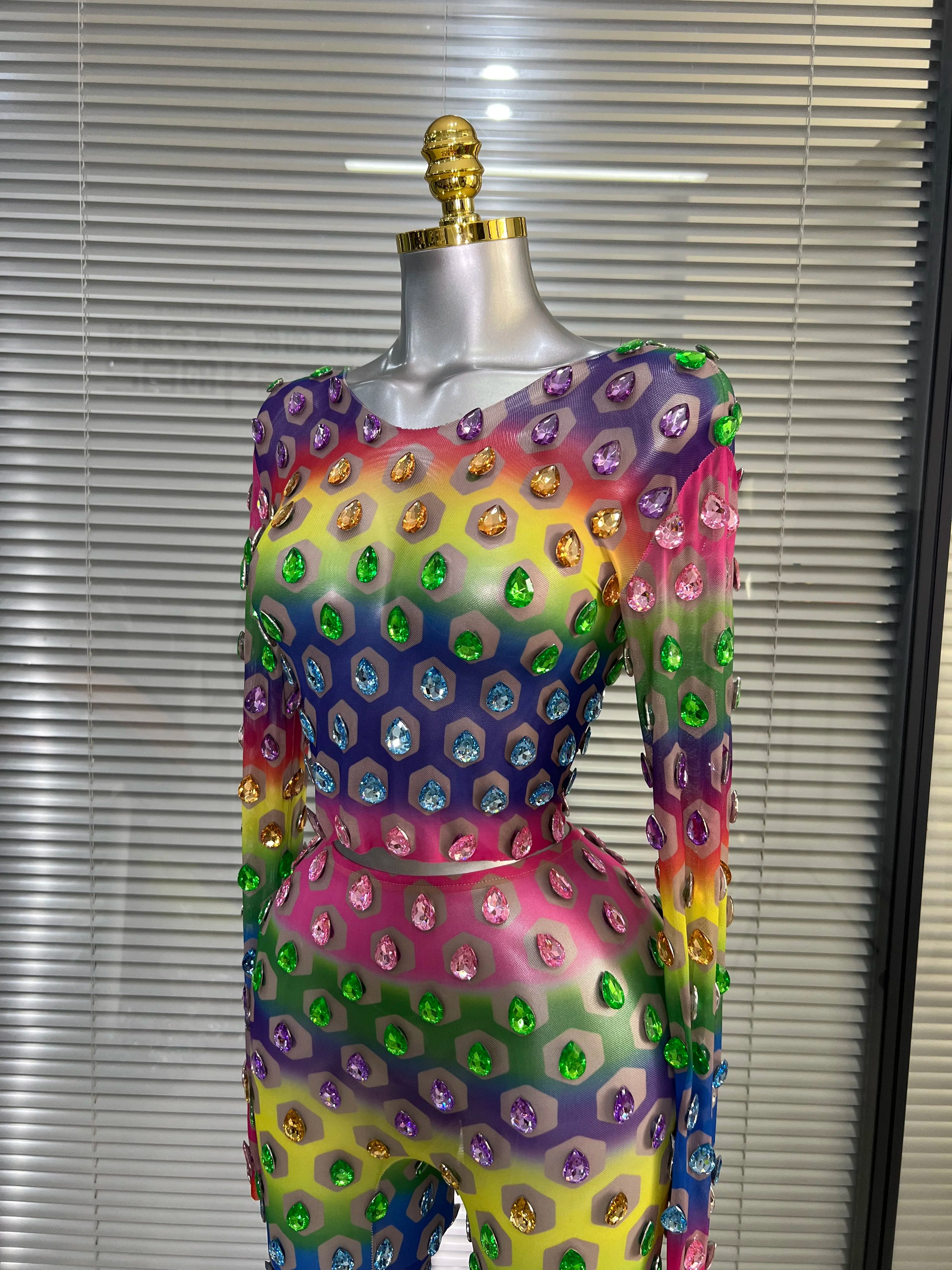 Women Sexy Two Pieces Set Crystal Diamond Night Club See Through Stretched Pants Suits Singer Dancer Stage Performance Costume