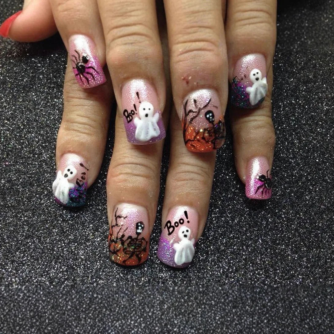 24Pcs Mid-length Square Nails Set Press on Pumpkin Bat Design False Nails Halloween Spider Web Wearable Full Cover Fake Nail Tip