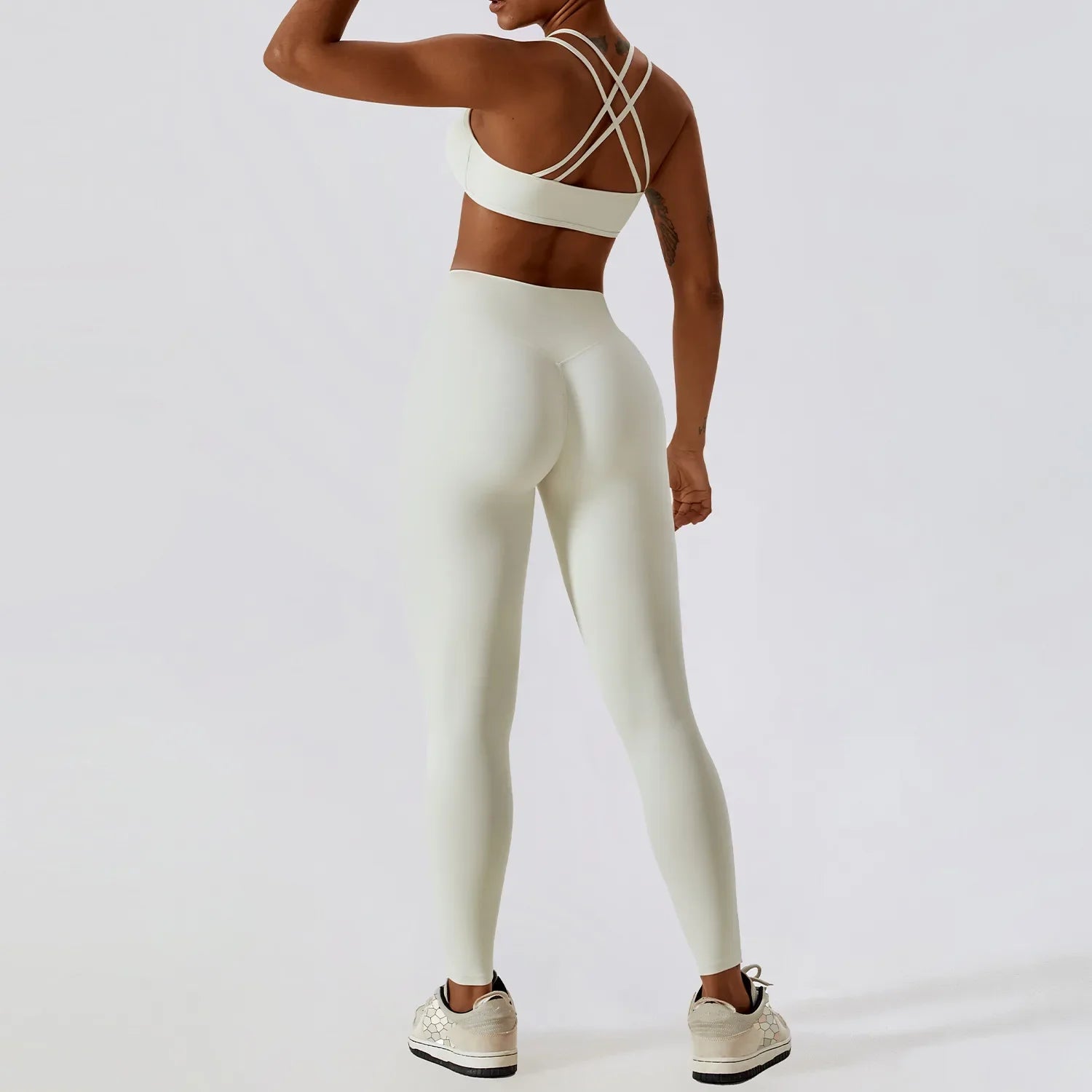 2PCS Yoga Set Nude Feeling Workout Sets Women Tracksuit Gym Push Up Fitness Running Workout Sportwear Sport Bra Leggings Suit Cream Apricot Set-1 CHINA
