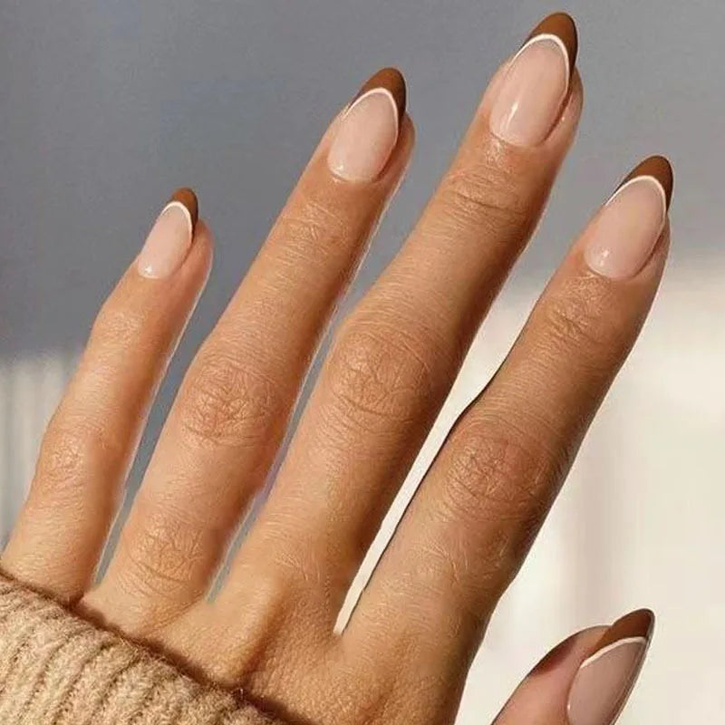 24Pcs Solid Nude Color Fake Nails with Jelly Glue Short Almond Press on False Nails Wearable Oval Finished Full Cover Nail Tips