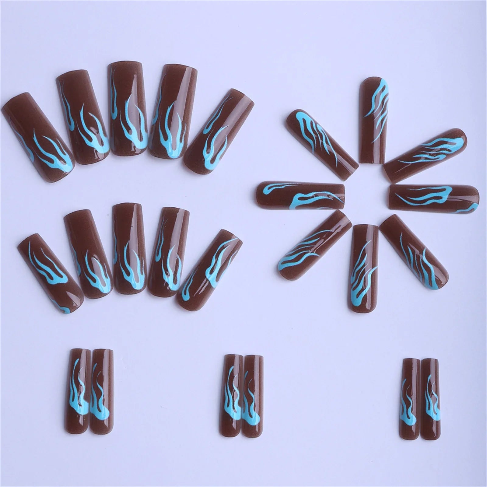 Autumn Coffee Long Coffin False Nails with Blue Flame Pattern Acrylic Press On Nails Full Cover Stick-on Fake Nails 24Pcs