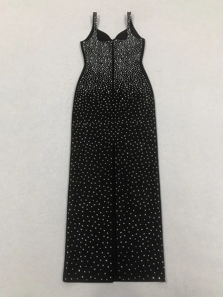 Women Sexy V Neck Diamonds Beading Black Maxi Long Celebrity Bodycon Bandage Dress 2025 Elegant Evening Club Party Dress
