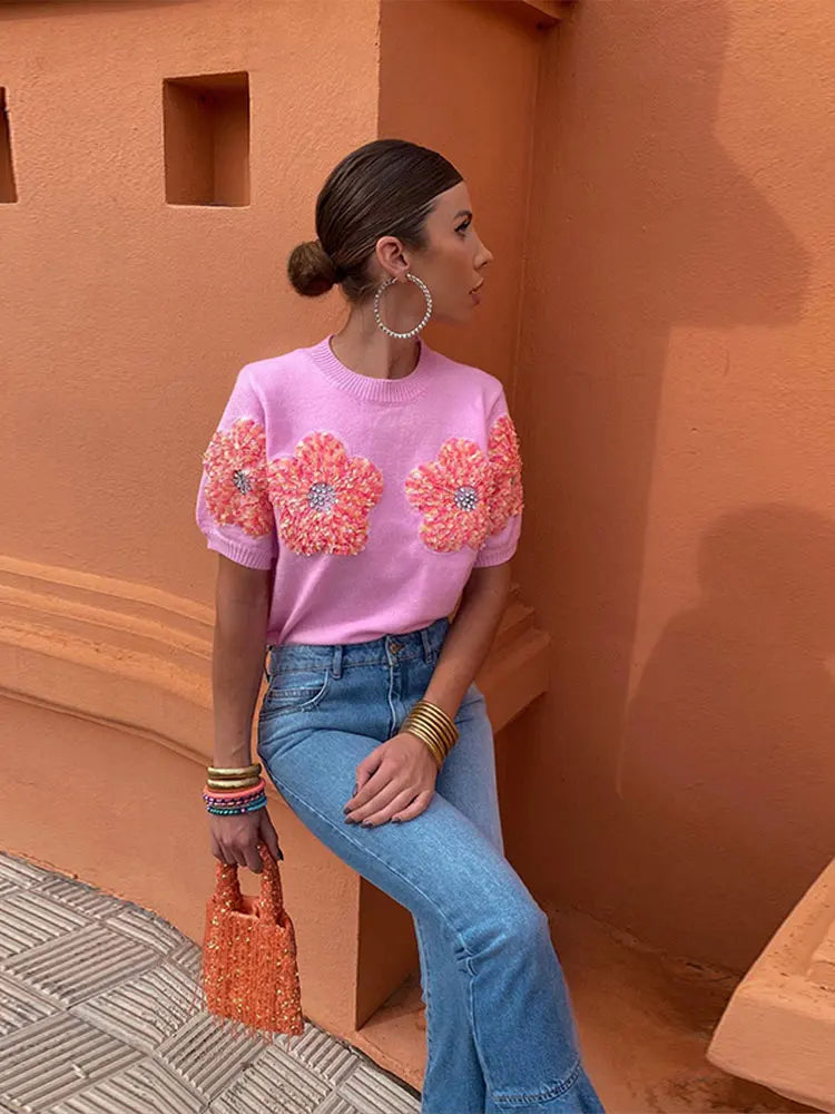 Fashion Women 3D Flower Knitted Sweater Elegant Lady O Neck Short Sleeved Pullover Tops Chic Female Commute Street Outfits Pink