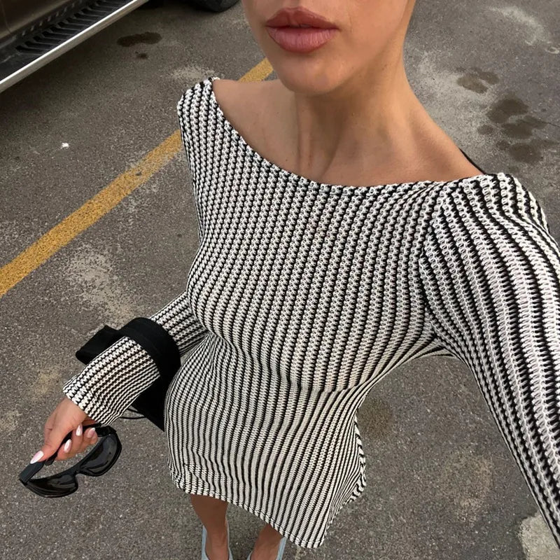 2023 Winter Sexy Hot Girl Back Hollow Air Striped Retro Long Sleeve Dress Elegant Luxurious Club Outfit Vestidos