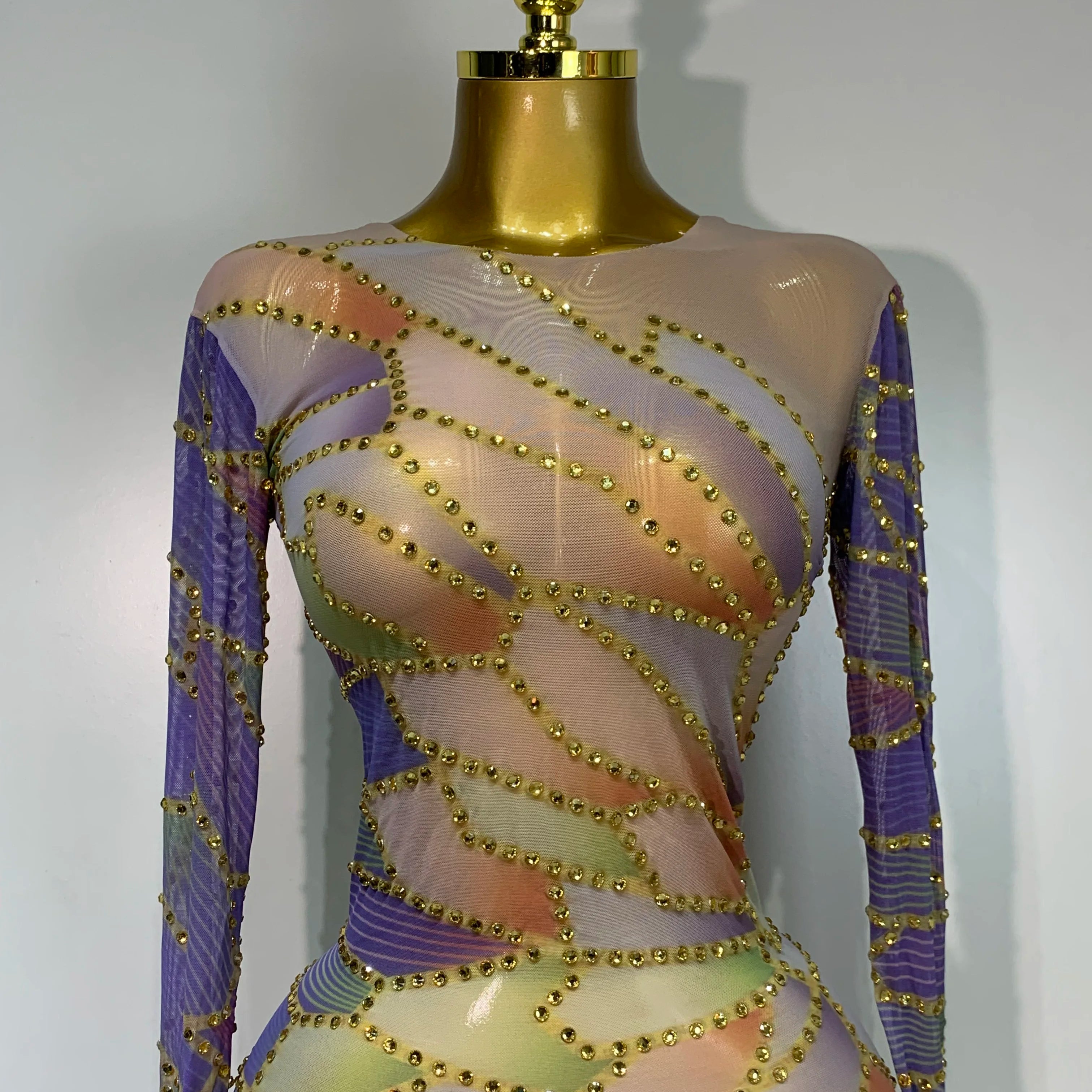 Sparkly Rhinestone Stretchy Mesh See Through Dress Women 2025 Performance Dancer Costume Luxury Birthday Nightclub Stage Outfit