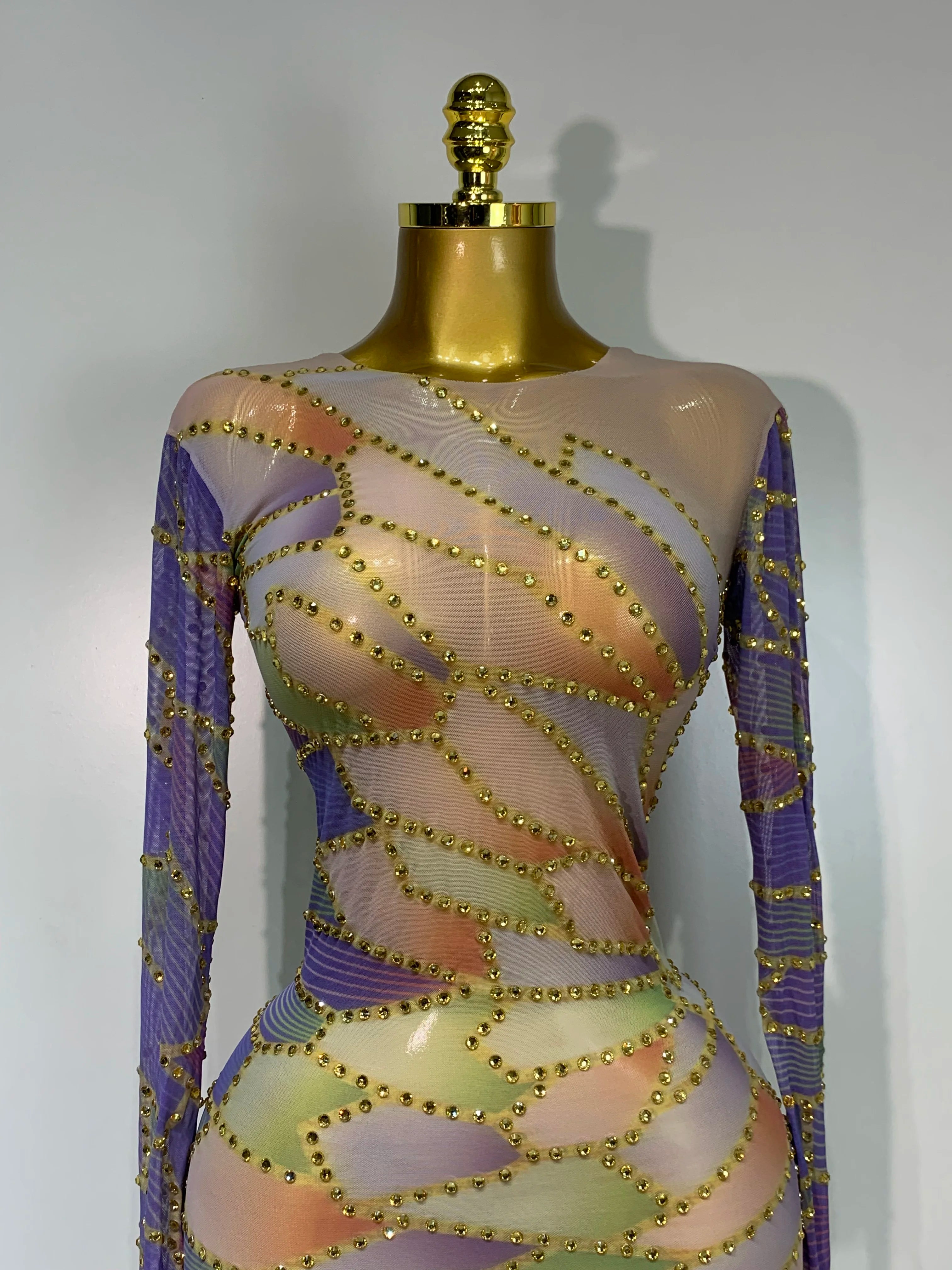 Sparkly Rhinestone Stretchy Mesh See Through Dress Women 2025 Performance Dancer Costume Luxury Birthday Nightclub Stage Outfit