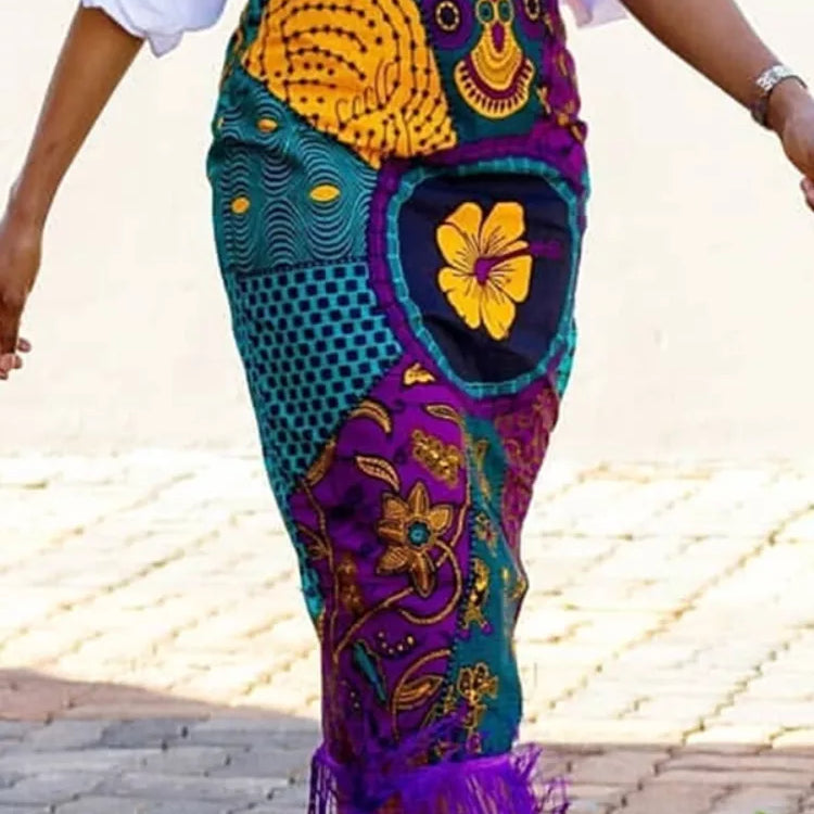Women Summer Print Skirt Vintage Floral African Fashion High Waist Tassel Classy Modest Elegant Retro Jupes Falads Drop Shipping Printed