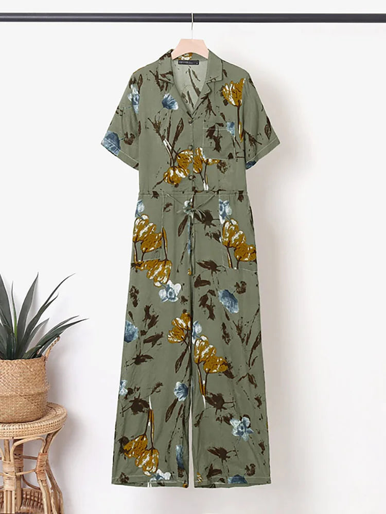 Summer Women Jumpsuits Casual Lapel Neck Short Sleeve Long RompersVintage Floral Print Wide Leg Overalls Loose Playsuits