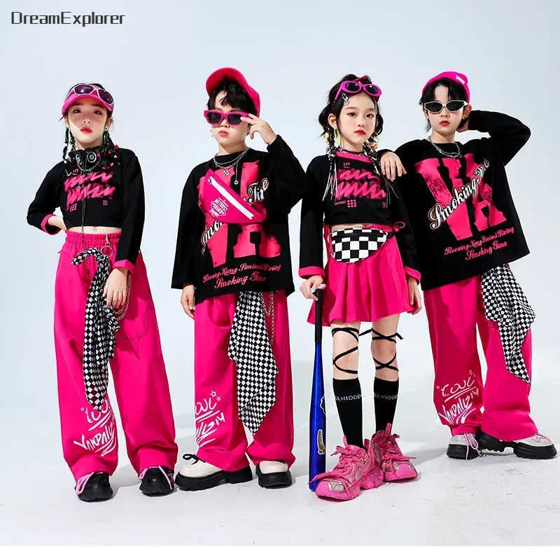 Girls Hip Hop Crop Top Street Dance Skirts Boys Cool Sweatshirt Pink Cargo Pants Child Streetwear Kids Jazz Costumes Clothes Set