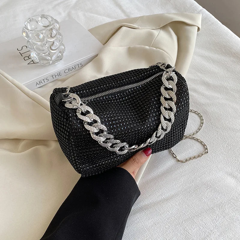 Fashion Glitter Rhinestone Evening Bag Women Trend Luxury Shiny Handbag Female Nightclub Carnival Party Crossbody Underarm Bag Black