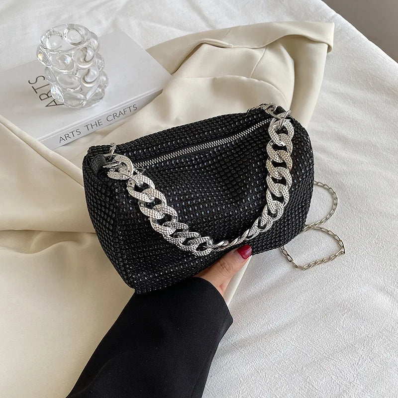 Fashion Glitter Rhinestone Evening Bag Women Trend Luxury Shiny Handbag Female Nightclub Carnival Party Crossbody Underarm Bag Black