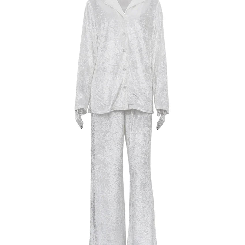 Clacive Winter Loose Home Suits Fashion White Velvet Pants Set Elegant Lapel Long Sleeve Blouses Two Piece Sets Womens Outifits