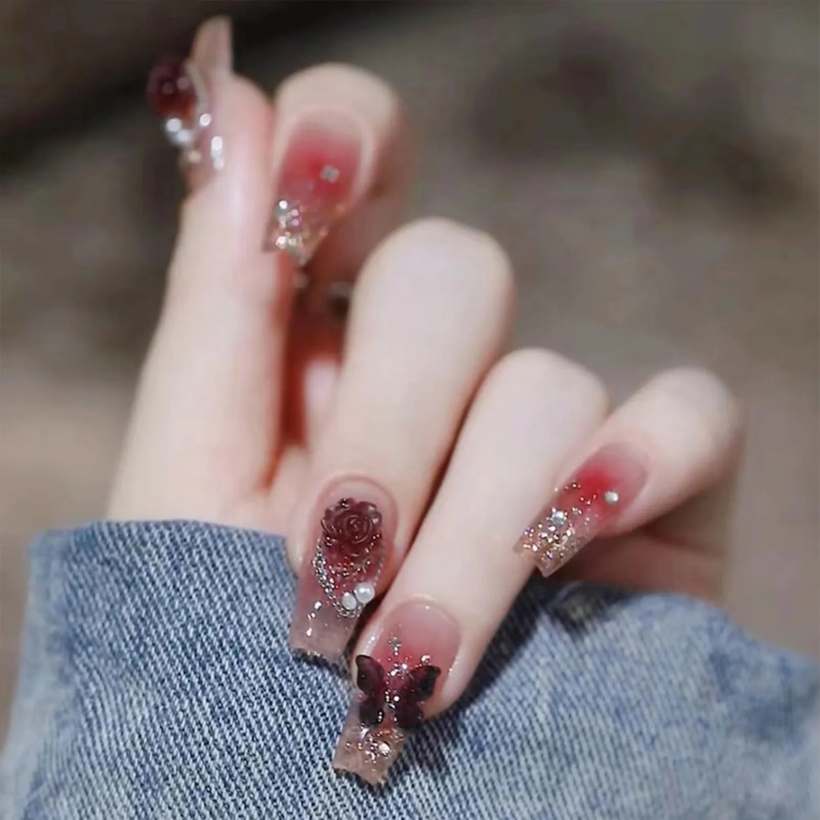 24Pcs Red Fake Nails with 3D White Flower Design Mid Length Coffin Press on Nails Wearable Korean Sweet Flower False Nails