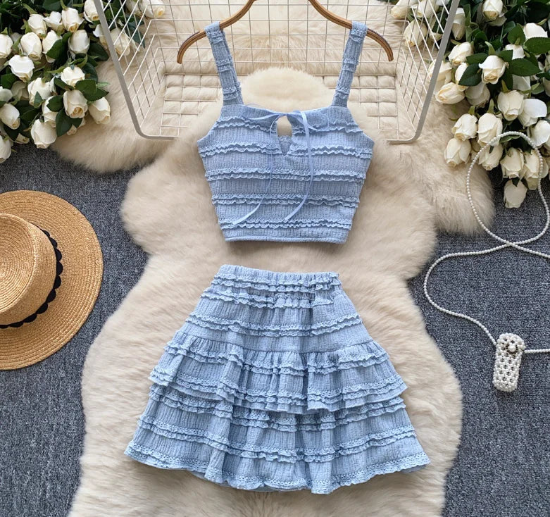 CM.YAYA Beach Boho Women's Set Strap Sleeveless Tank Top and Ruched Mini A-line Skirts Two 2 Piece Sets 2025 Summer Outfits