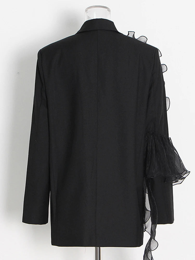 Patchwork Mesh Solid Casual Blazers For Women Notched Collar Long Sleeve Spliced Single Breasted Temperament Blazer Female