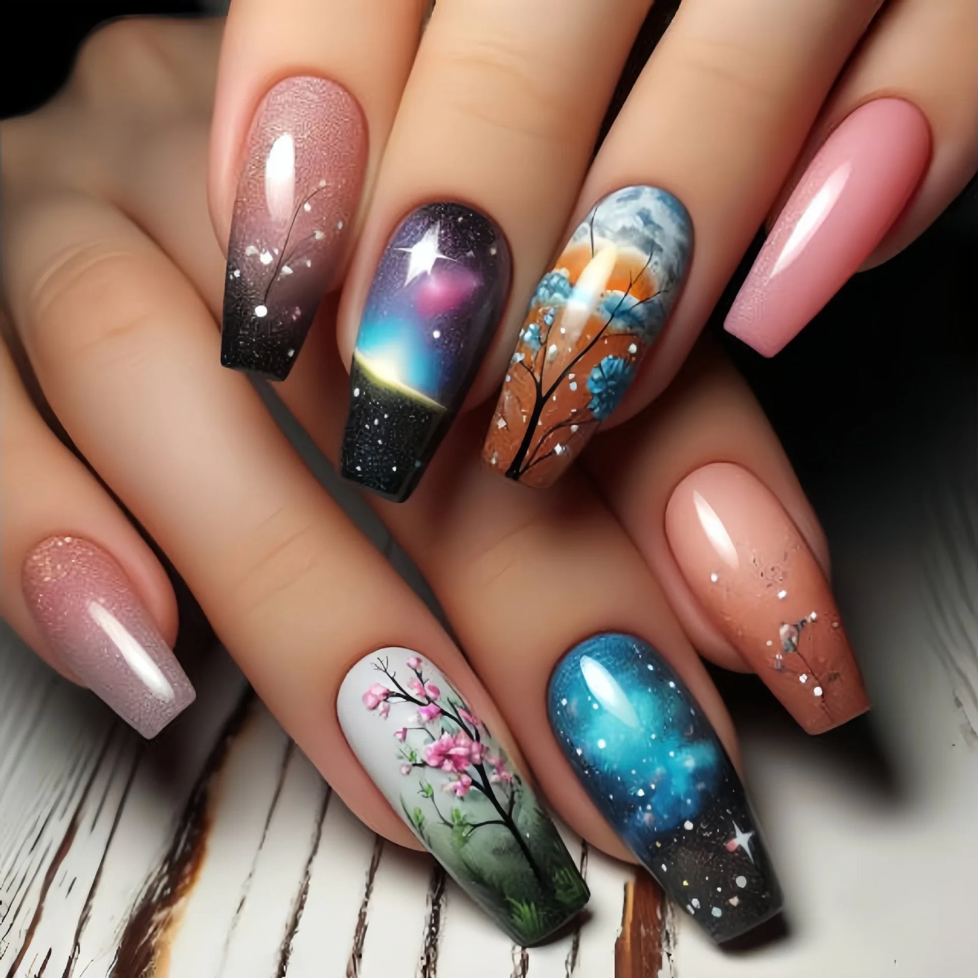 24Pcs Dark Gradient Press on Nails Medium Length Ballet Coffin Fake Nails Dreamy Butterfly Flowers False Nails Sweet Cool Nail