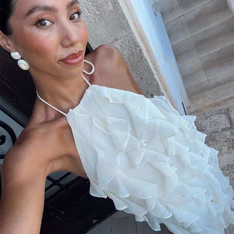 Sexy Ruffles Backless Long Dress Women Y2K Off Shoulder Lace Up Sleeveless White Dresses 2025 Summer Beach Party Loose Robes