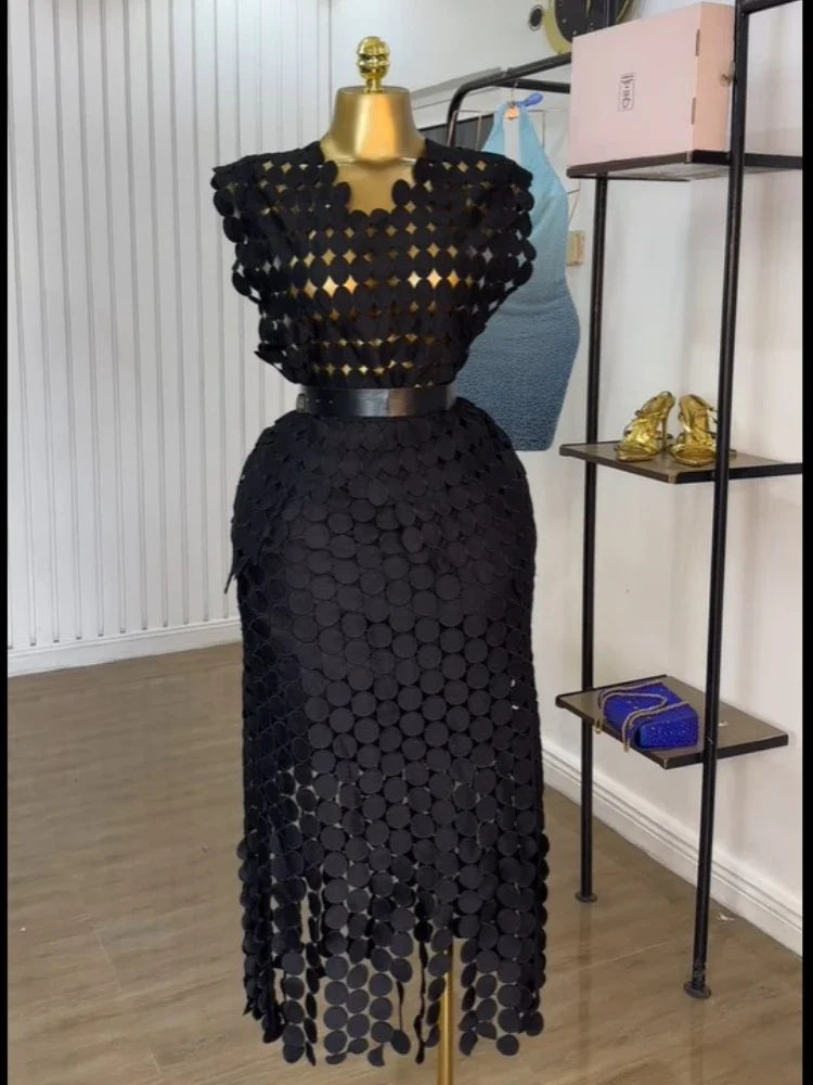 CM.YAYA Women Cutout O-neck Crop Top and Bodycon Midi Slim Maxi Long Skirt Suit 2025 Summer Vacation Sexy Two 2Piece Set Outfits black-black-belt One Size